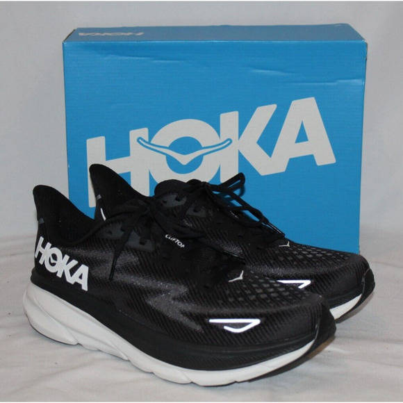 NIB HOKA ONE ONE‎ MEN'S CLIFTON 9 BWHT BLACK WHITE RUNNING SNEAKERS - Picture 1 of 7